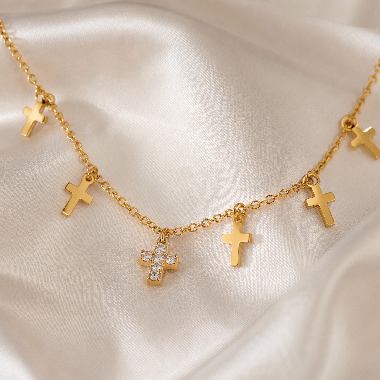 Gold 9 Cross Charm Necklace Women CZ Pendant Stainless Steel PVD Plated Gift
