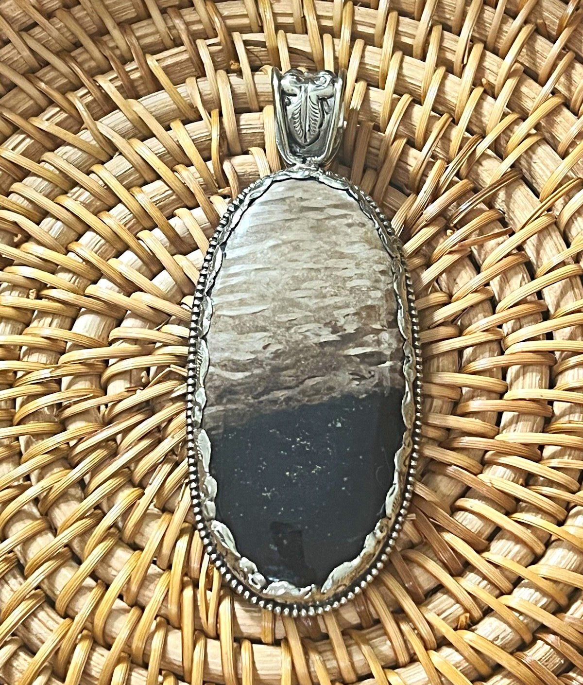 Genuine Palm Wood Jasper Oval Stone Pendant set in Plated Silver/Brass