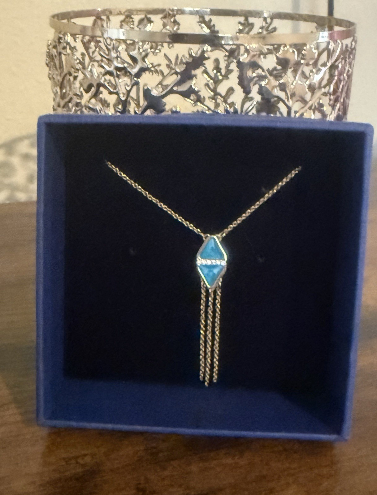 Swarovski Gold Tone Blue Crystal Tassel Pendant Necklace Adjustable Cable