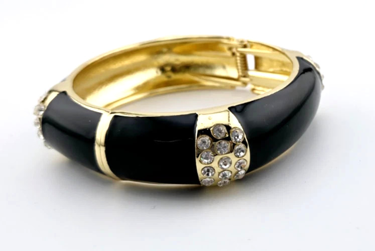 WOWSER Kirks Folly Black Enamel Rhinestone Bracelet Gold tone Hinged Cuff .75″ W
