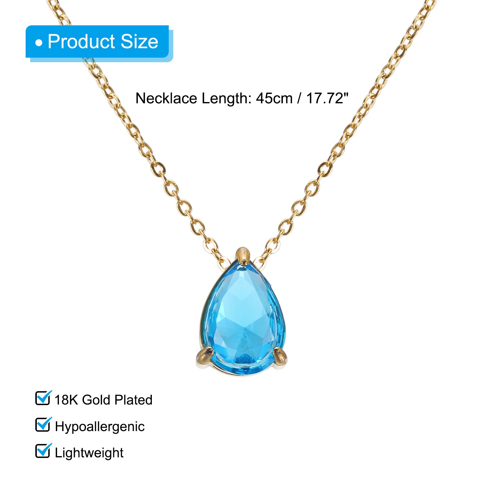 Birthstone Necklace for Women, Teardrop Pendant Necklace, Lake Blue