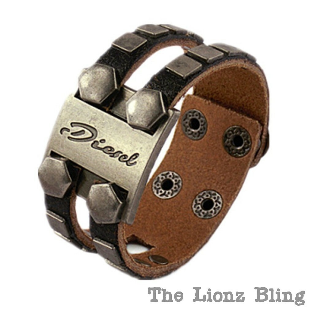 Urban Punk Genuine Leather “Diesel” Band & Bolt Face Bracelet – Brown