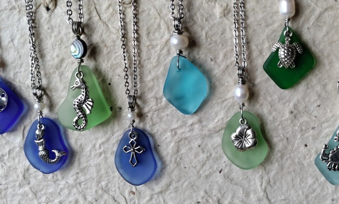 BEACH Necklace Sea Glass Charm Sea Life Ocean Gift for Her Casual Chain Wedding