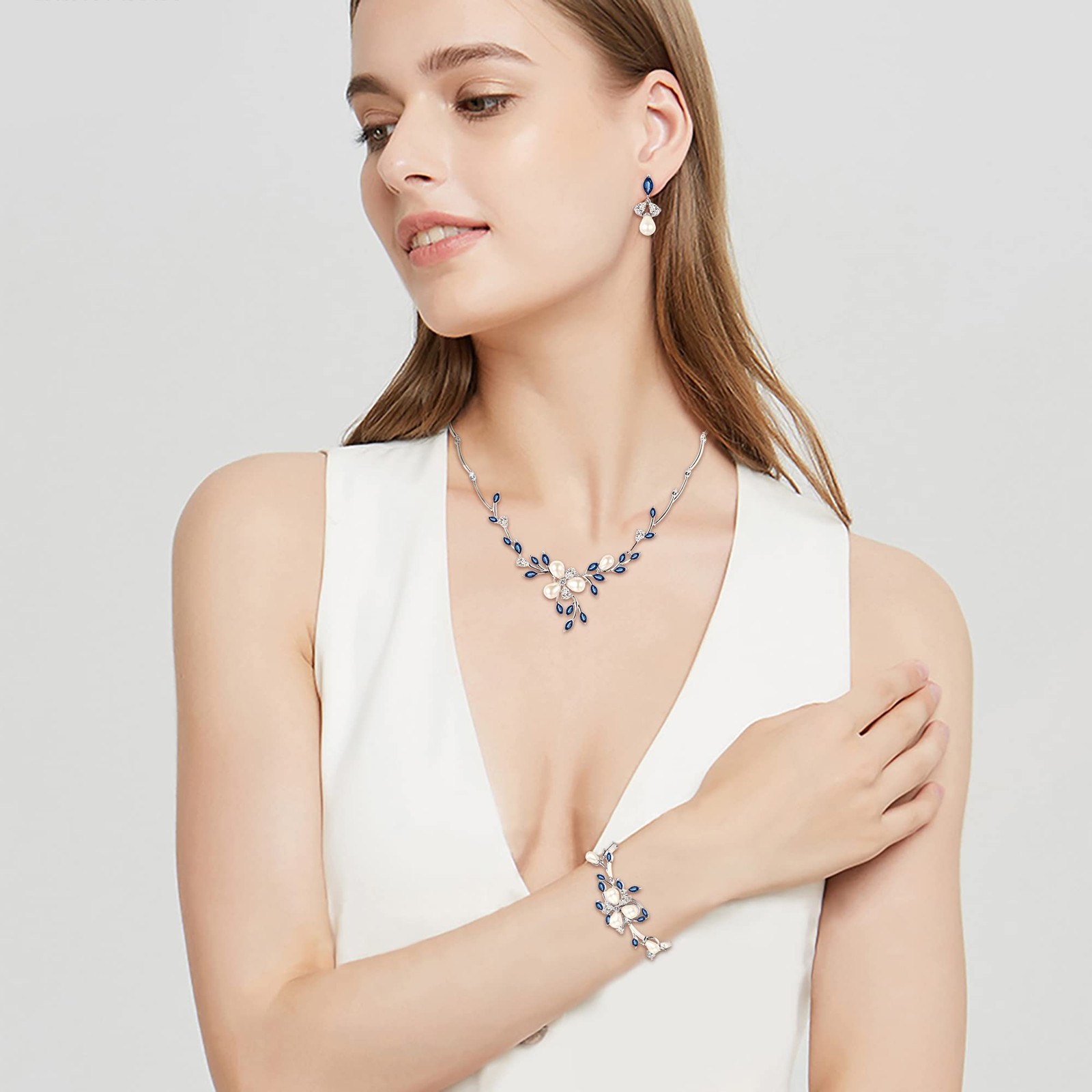 Wedding Jewelry Set for Bride, Simulated Pearl Blue Marquise CZ Flower Filigr…