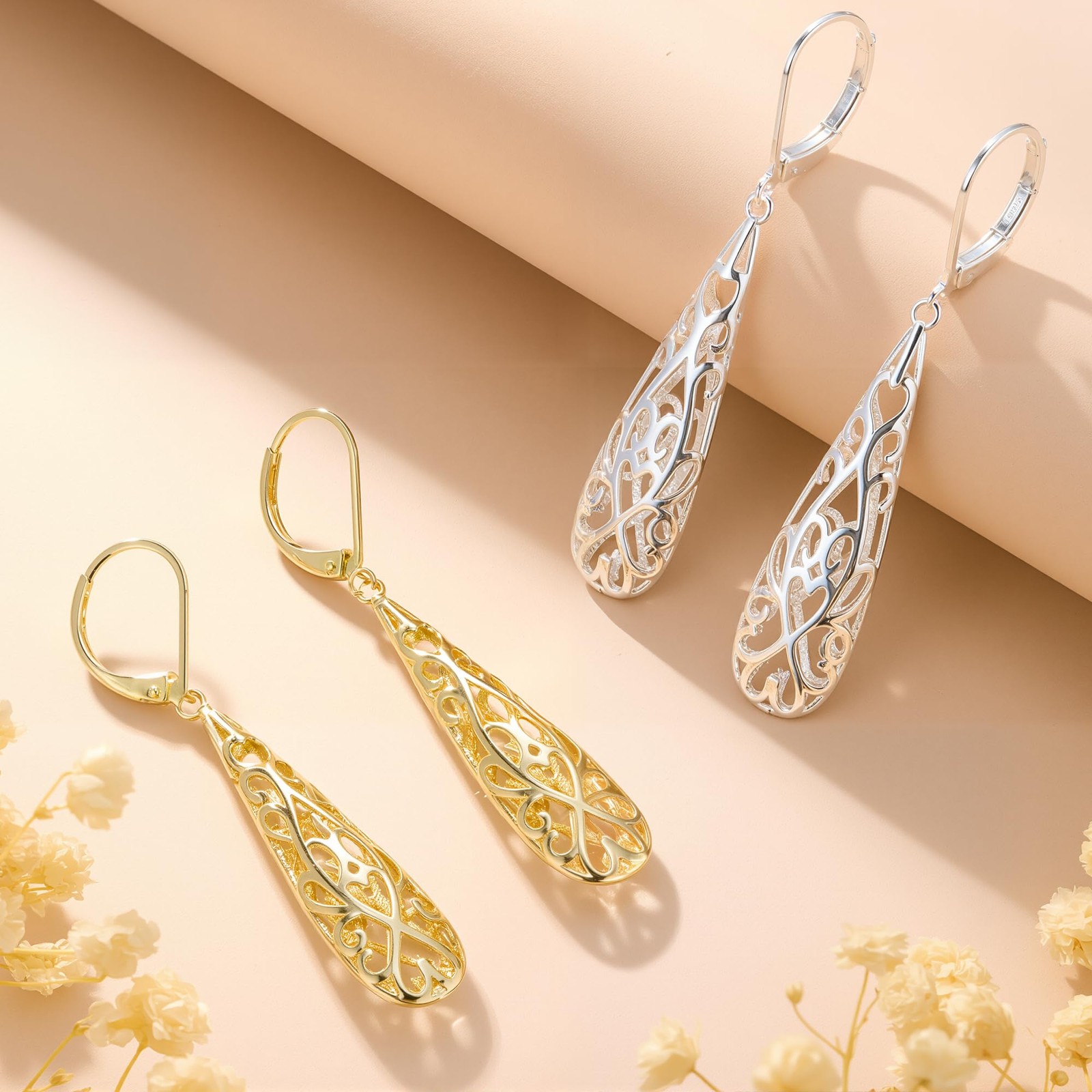 Gold Long Filigree Teardrop Dangle Earrings for Women