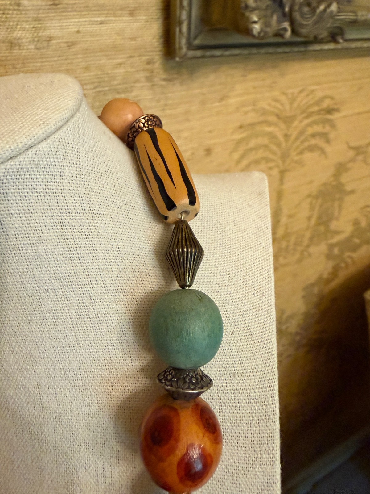 Chicos Chunky Boho Statement Necklace mixed media wood metal tribal safari