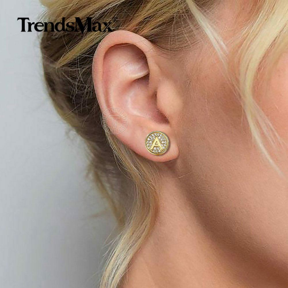 CZ Stud Earrings For Men Women 26 Letter Initial Studs Earrings Gold Plated Xmas