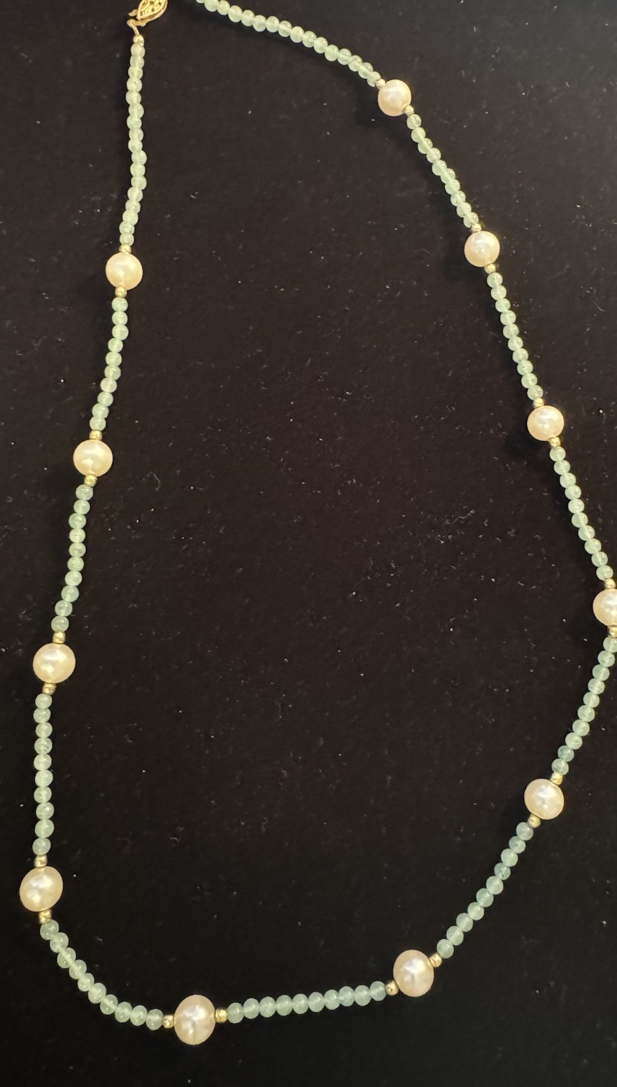 Chinese Jadeite Beaded Necklace With Faux Pearls And Gold Tone Filagree Clasp .