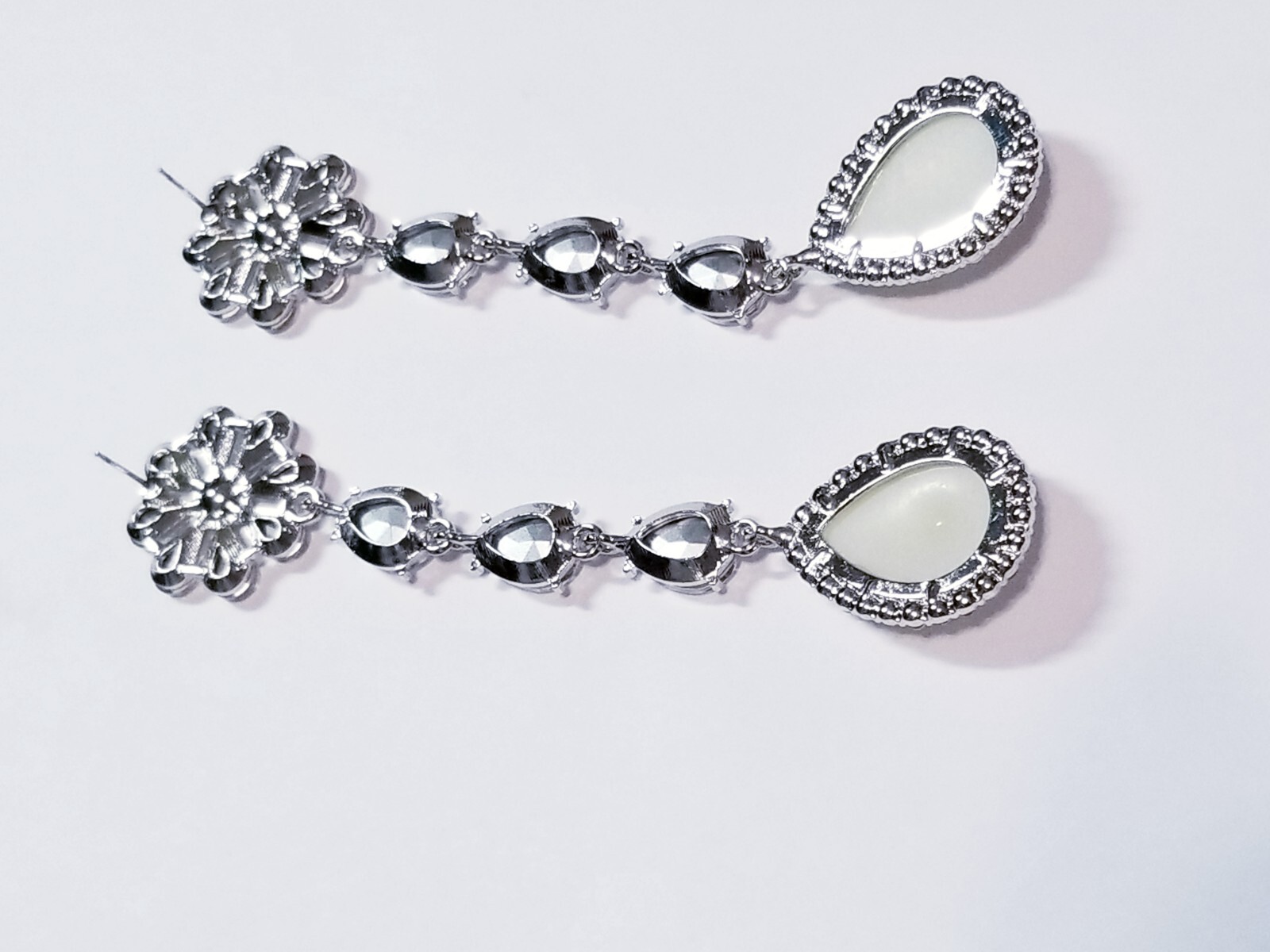Created Pearl Dangle Chandelier Earrings 4.7 inch Clear Rhinestone Pageant Prom