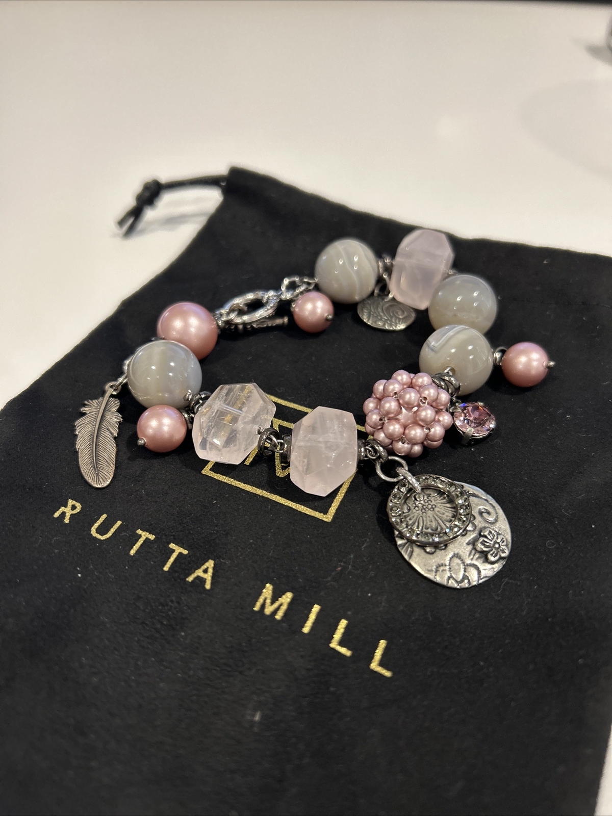 Rutta Mill Pink Gray Stones Statement Bracelet Made in Lithuania