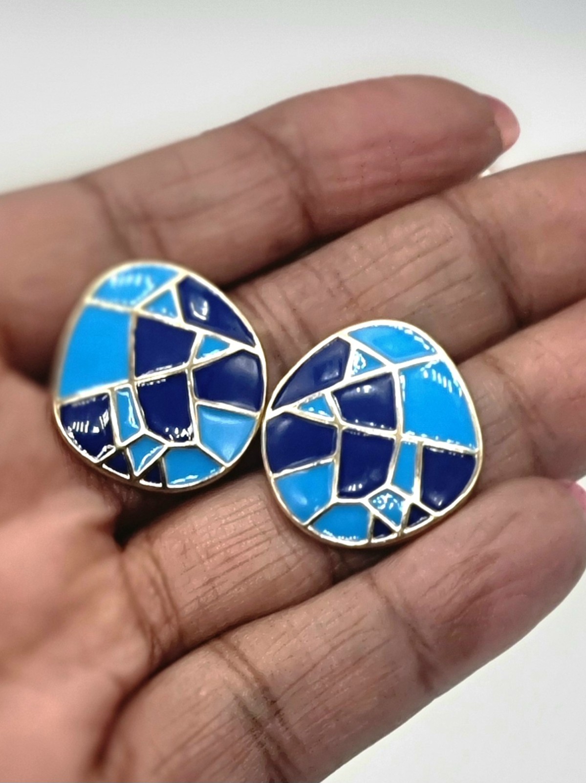 Earrings Enamel Round 2.3cm Art Deco Blue Gold Push Backs Arty Retro Party Gift