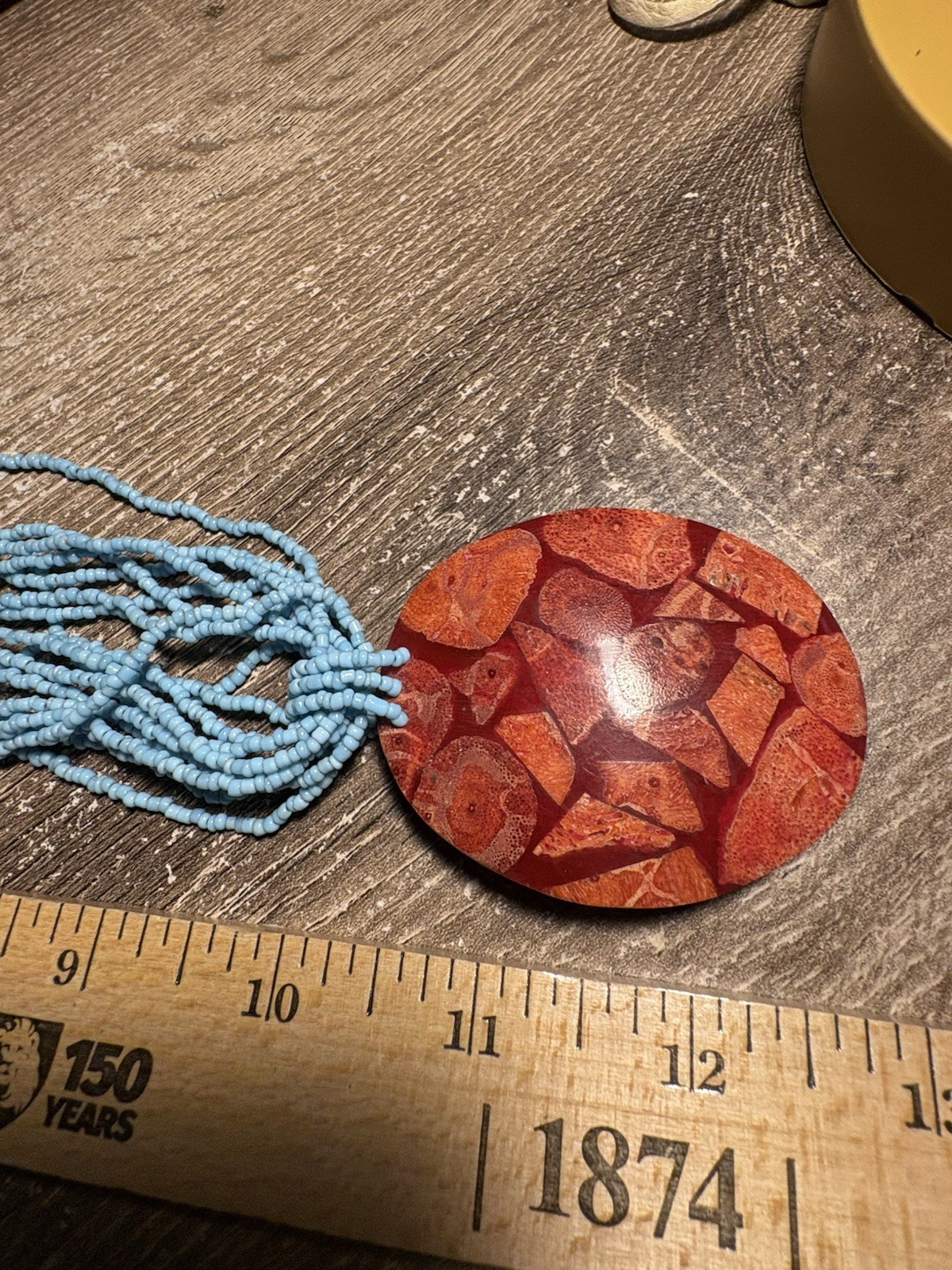 Vintage Blue Seed Bead Multi Strand Necklace Red Coral Chip Composite Pendant G8