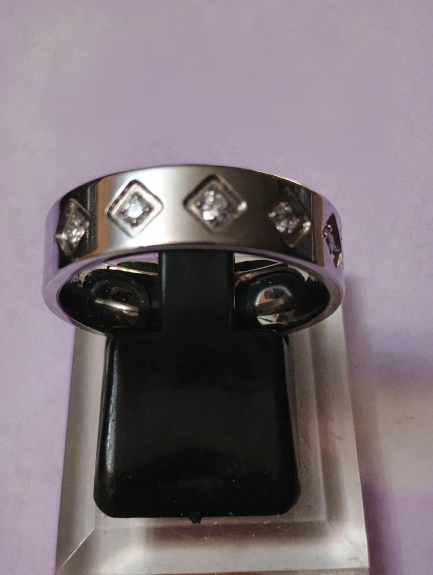 Stainless Steel Band Ring – Size 8 with Diamond Accents