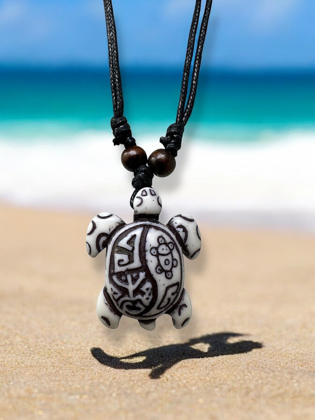 Handmade Turtle Pendant Necklace – Rasta (Hand-Painted), White, Brown – Taino