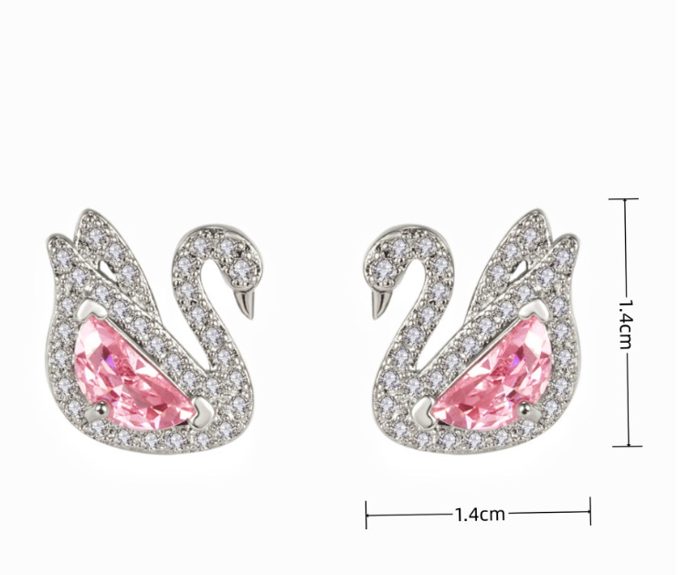 Women 925 Sterling Silver Pink CZ swan pendant necklace Stud Earrings gift E21