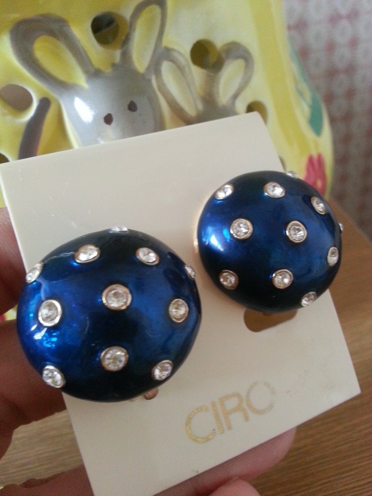 “Ciro” Dome Shape Navy Enamel Set With Crystals Gold Plated Clip Earrings