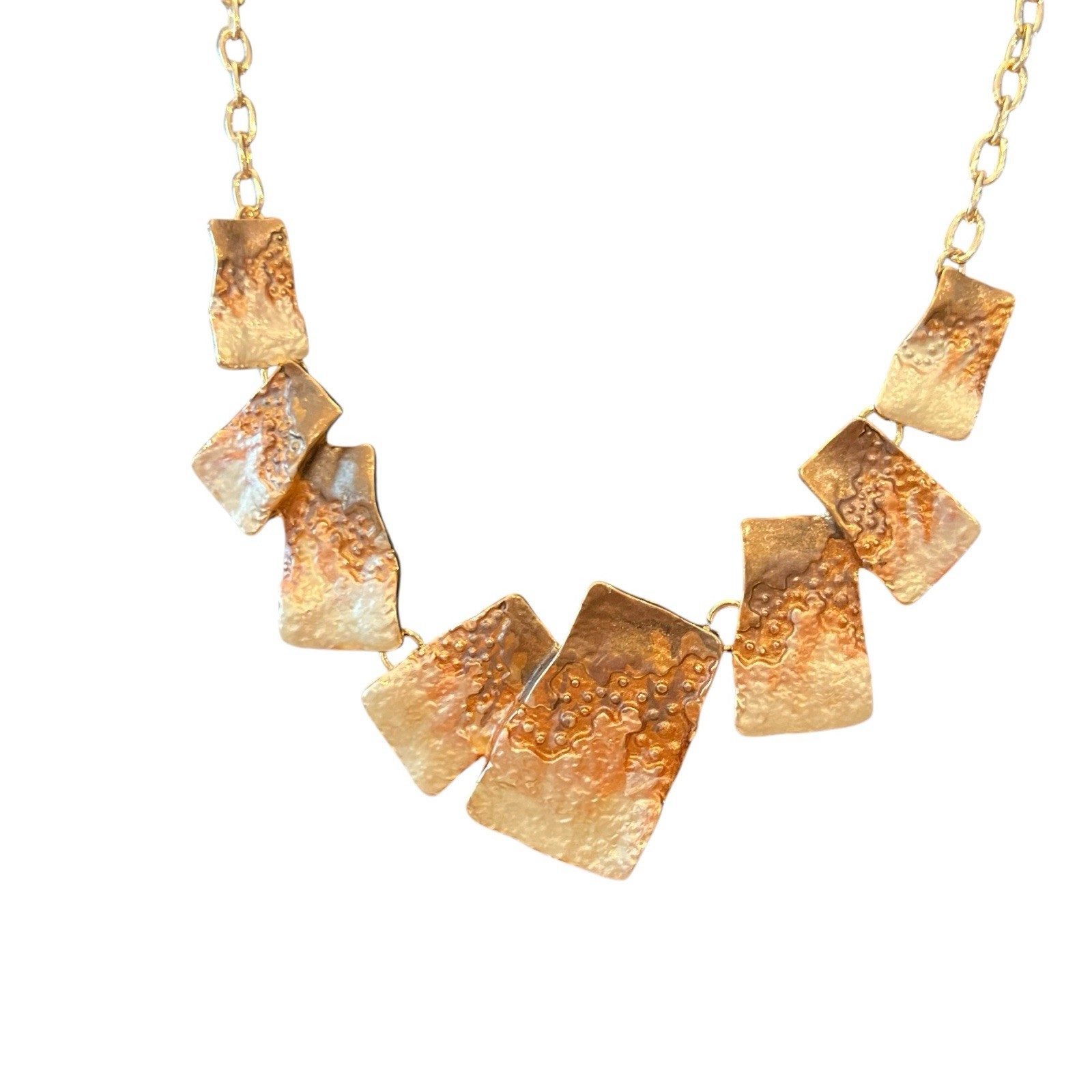 Copper & Cream Tone Metal Statment Bib Necklace Earrings Set Unique Wearable Art