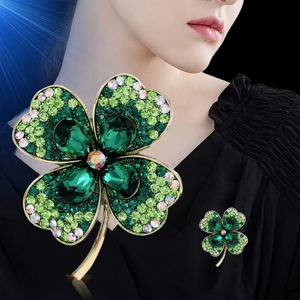 Shamrock Green Rhinestone 4 Leaf Clover Vintage Gold Pin Brooch Jewelry Gift