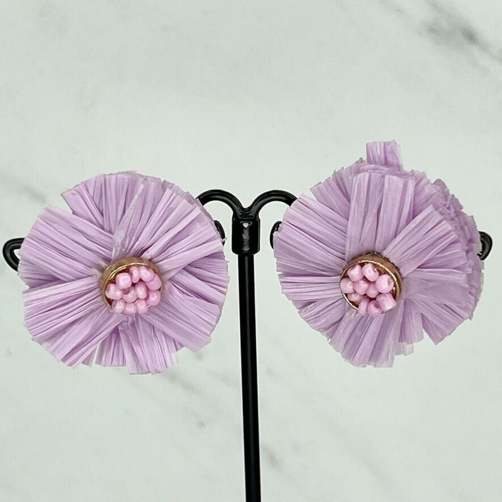 Purple Beaded Straw Flower Post Stud Earrings Pierced Pair
