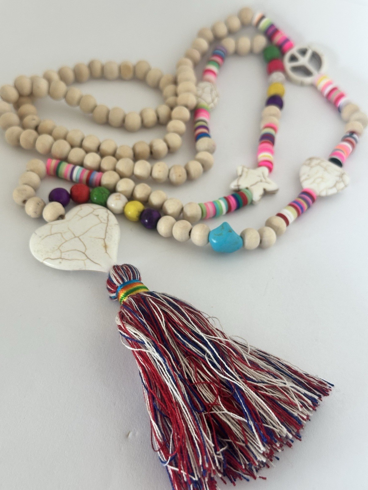 Colorful Boho Tassel Necklace 36 In Long Wood Beaded Howlite Heart Pendant