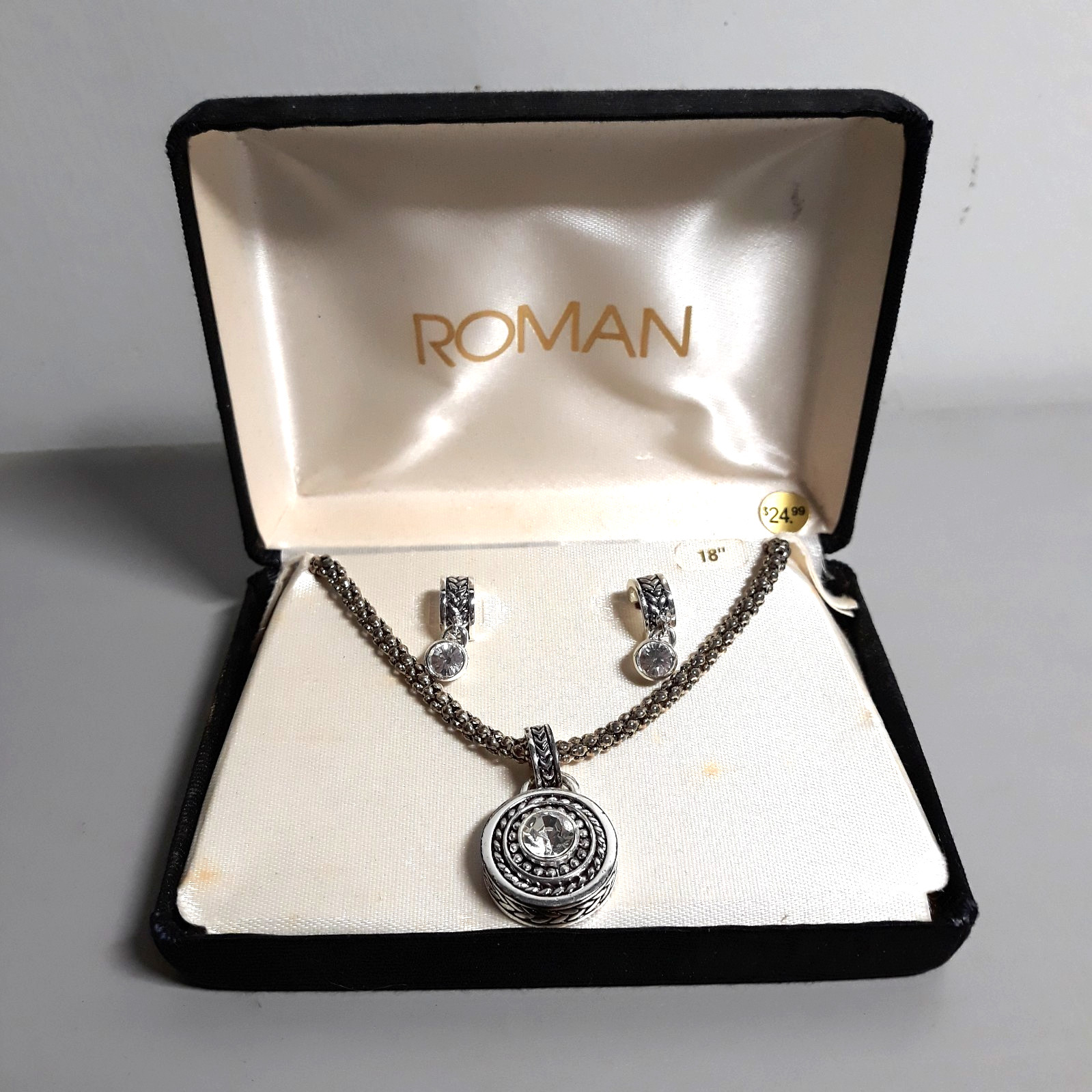 Vintage Roman Silvertone Necklace and Earring Set – Clear Stone Accents – Boxed 