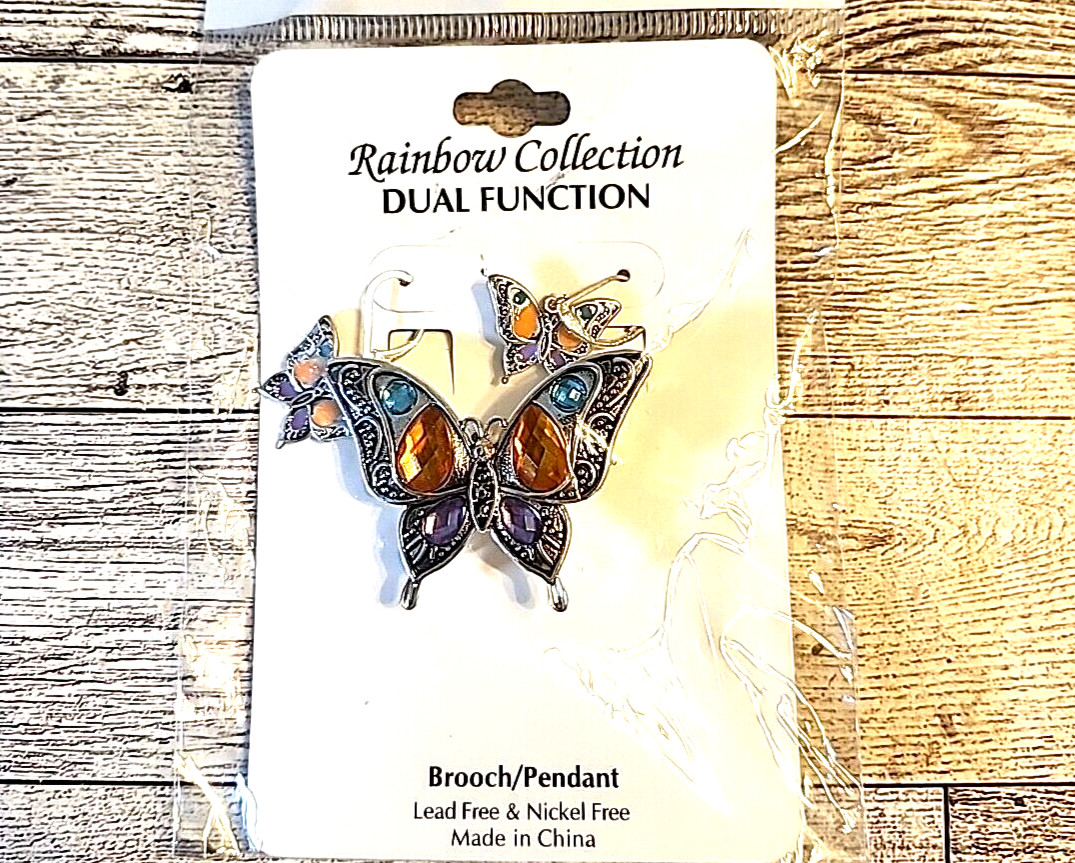 Butterfly Pin and Pierced Wired Earrings Set Silver-tone Multicolor Gems NEW