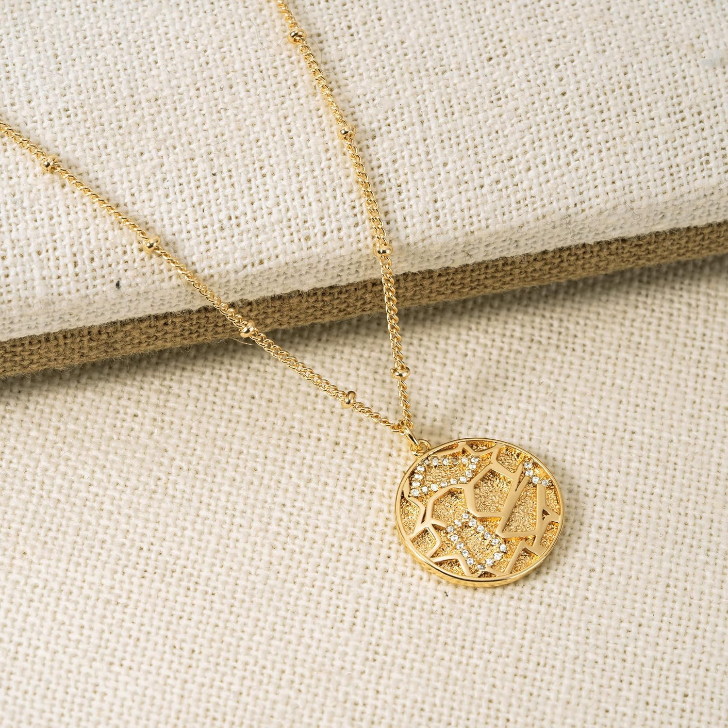 Coin Necklace 18K Gold Plated Vintage Textured Medallion Coin Pendant Round