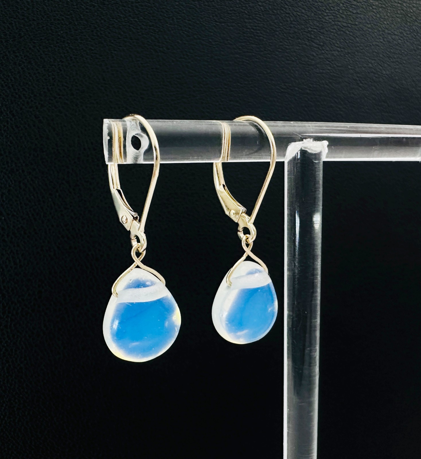 Estate Solid 14K Yellow Gold Faux Moonstone Briolette Dangle Leverback Earrings