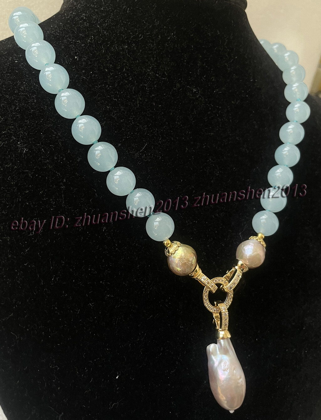 16-28″ 10mm Round Brazilian Aquamarine Gems Beads Baroque Pearl Pendant Necklace