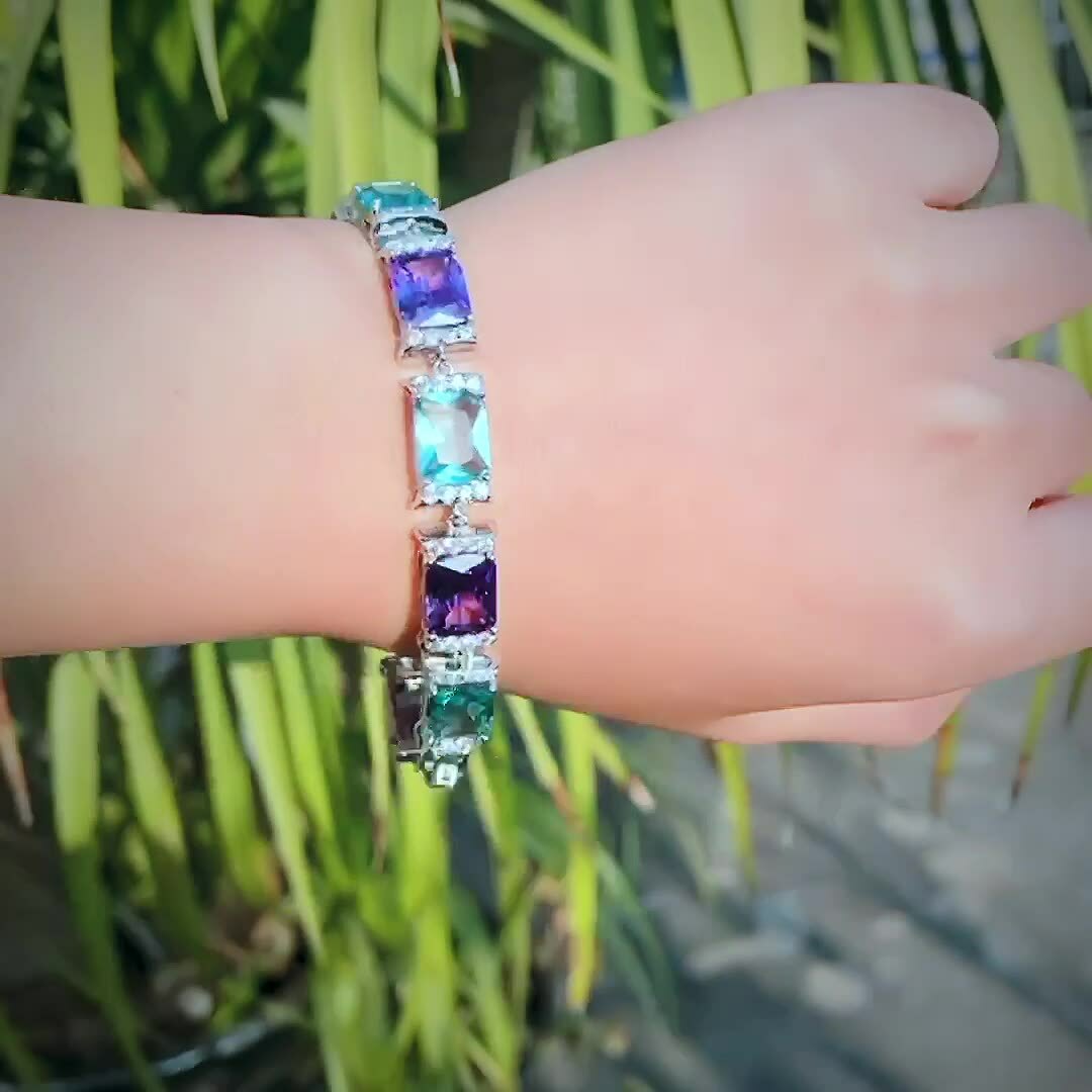 New Mix Color Light Blue Topaz Amethyst Gemstone Silver Women Bracelets 7.4 inch