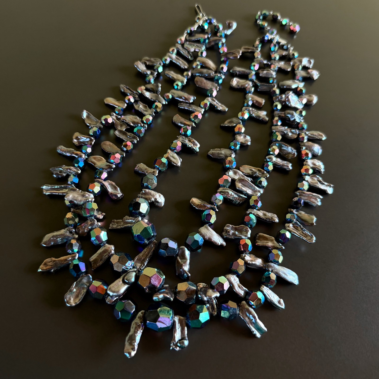 Three-Strand Vintage Black Crystal and Stick Pearl Beaded Necklace