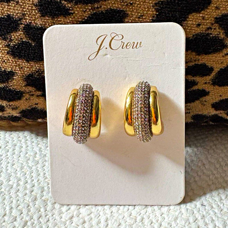 J.Crew Gold Tone Pavé Clear Crystal Huggie Hoop Earrings Hypoallergenic