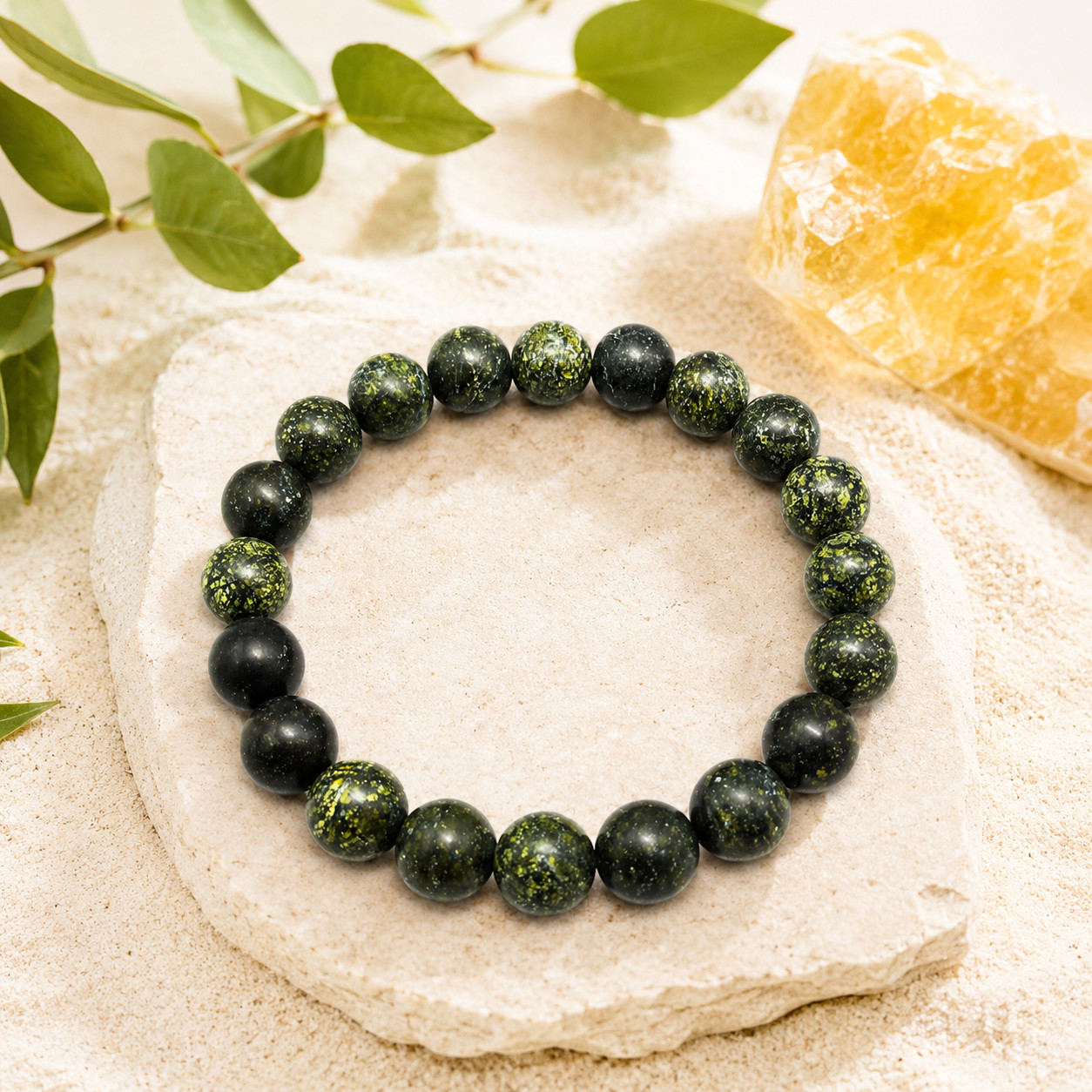 Natural Green Serpentine Bracelet 10mm Gemstone Beaded Stretch Gift