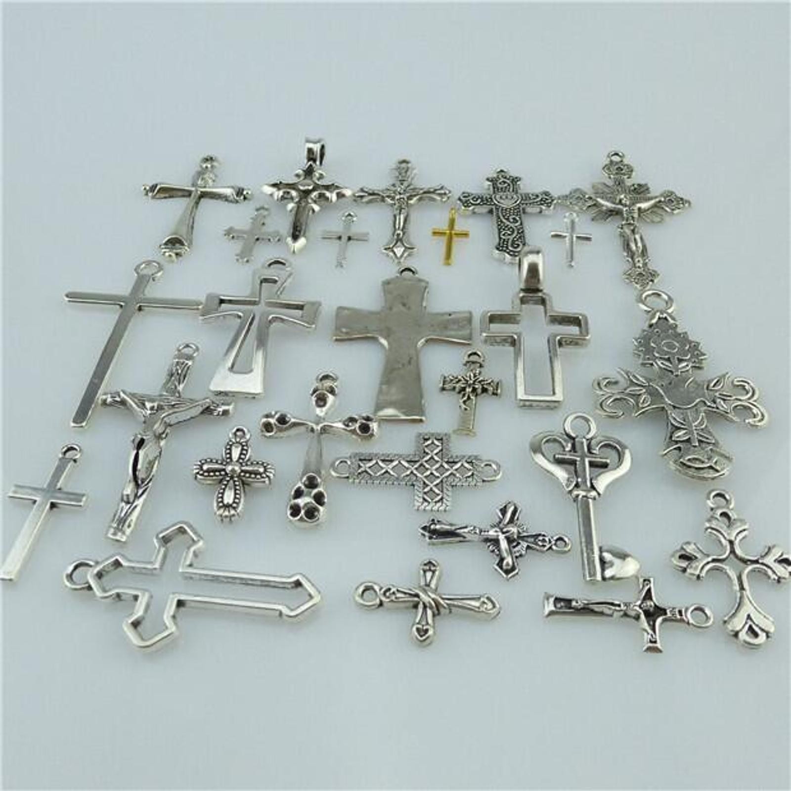 25PCS MIX Cross Pendant Vintage Antique Silver Tone Alloy Faith Religious Charm