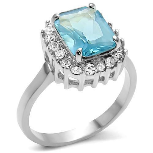 Cushion Cut Sky Blue CZ Halo Ring Stainless Steel TK316