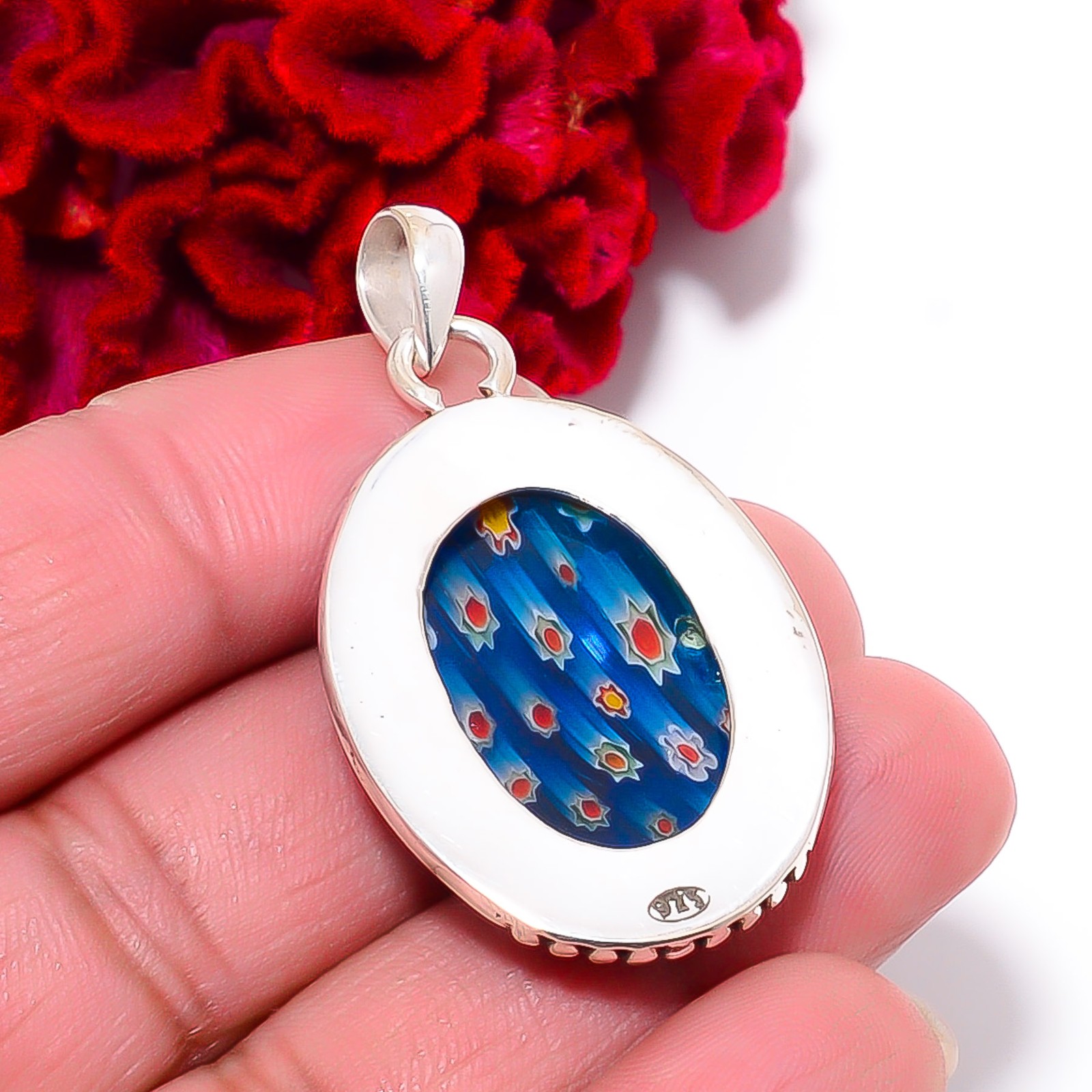 Millefiori Murano Glass Designer Handmade 925 Sterling Silver Pendant 1.87″ P957