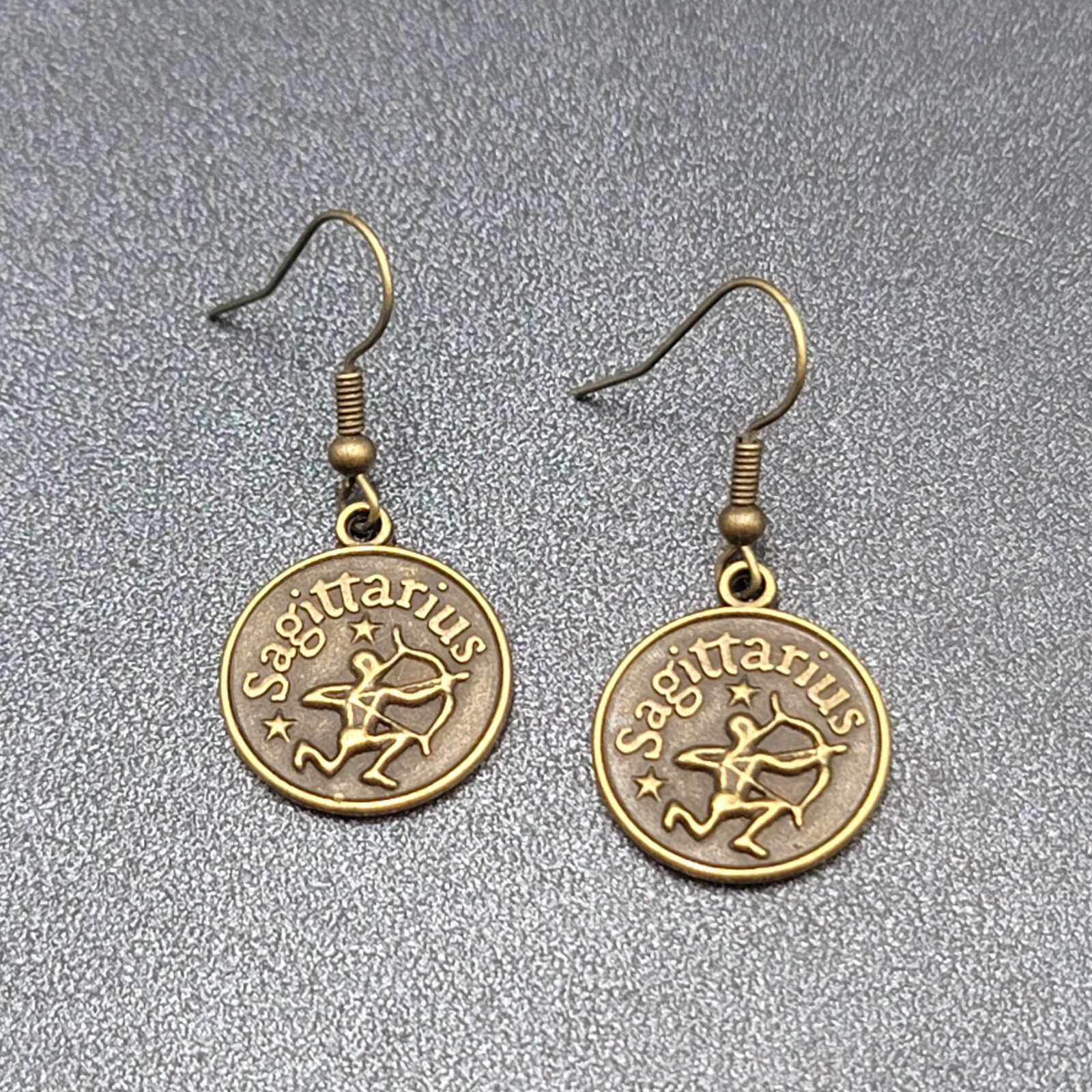 Zodiac Pierced Earrings Antiqued Gold tone Dangle Round 3/4″