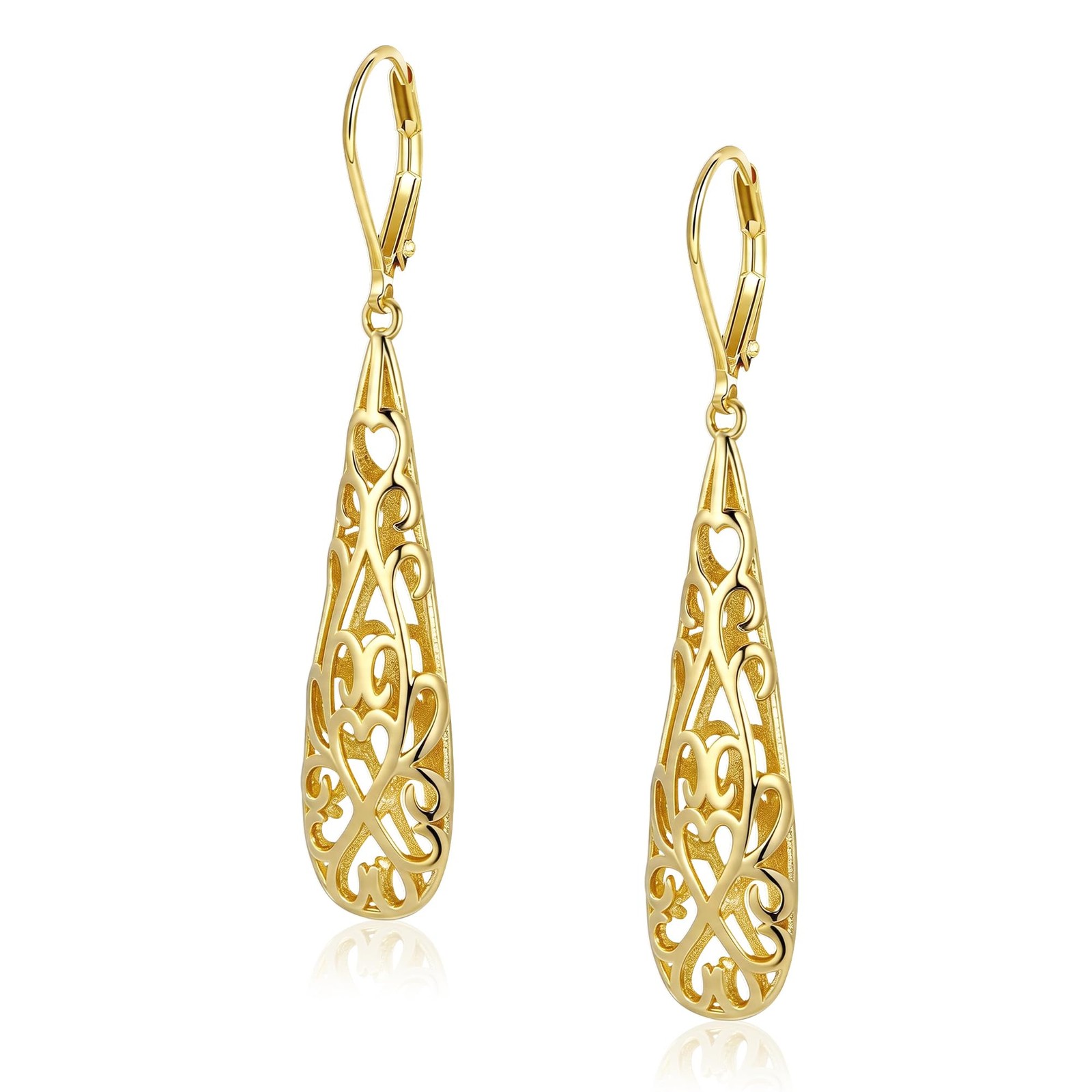 Gold Long Filigree Teardrop Dangle Earrings for Women