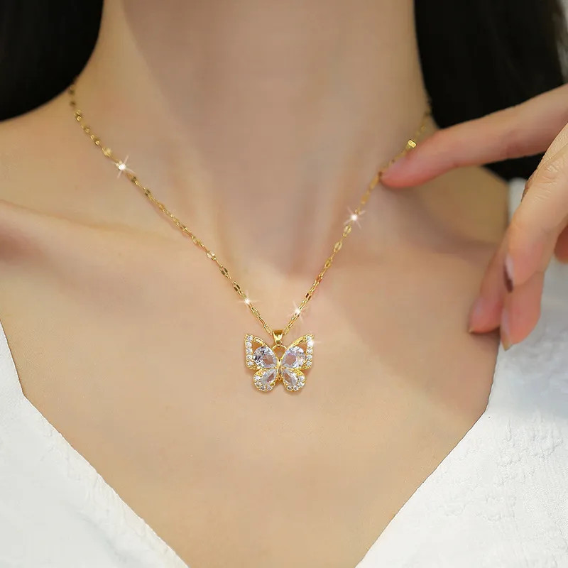 Gold Butterfly Necklace Earrings Set Women CZ Zircon Jewelry Set