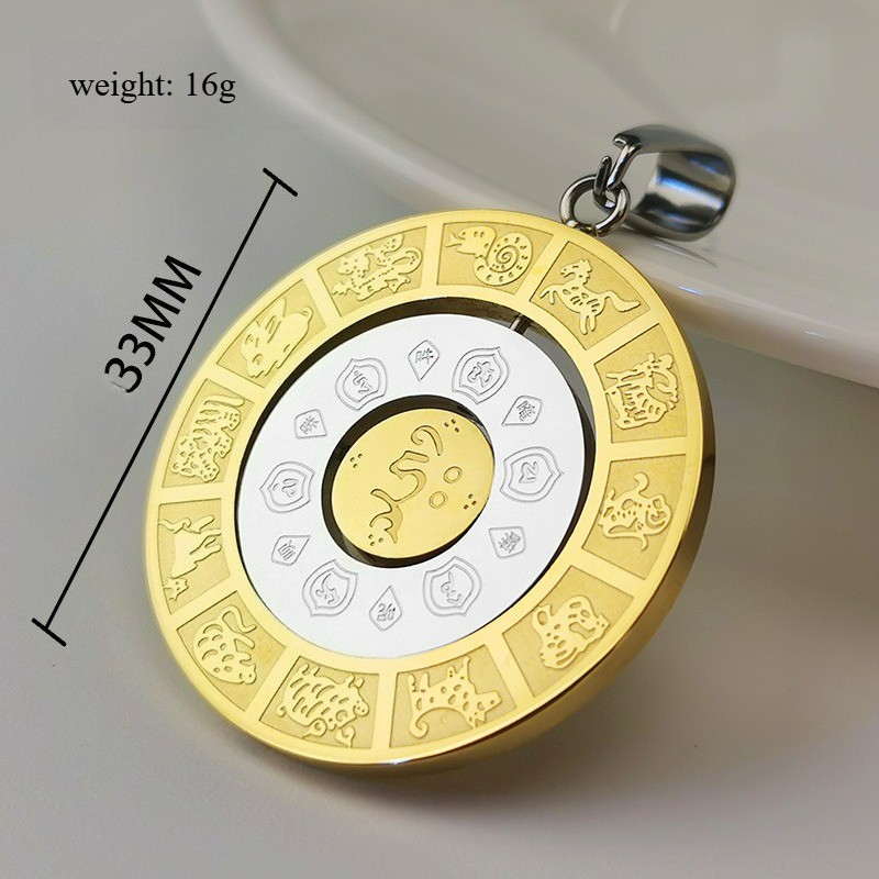 Rotatable Chinese Zodiac Sign Manjushri Pendant Stainless Steel Men’s Necklace