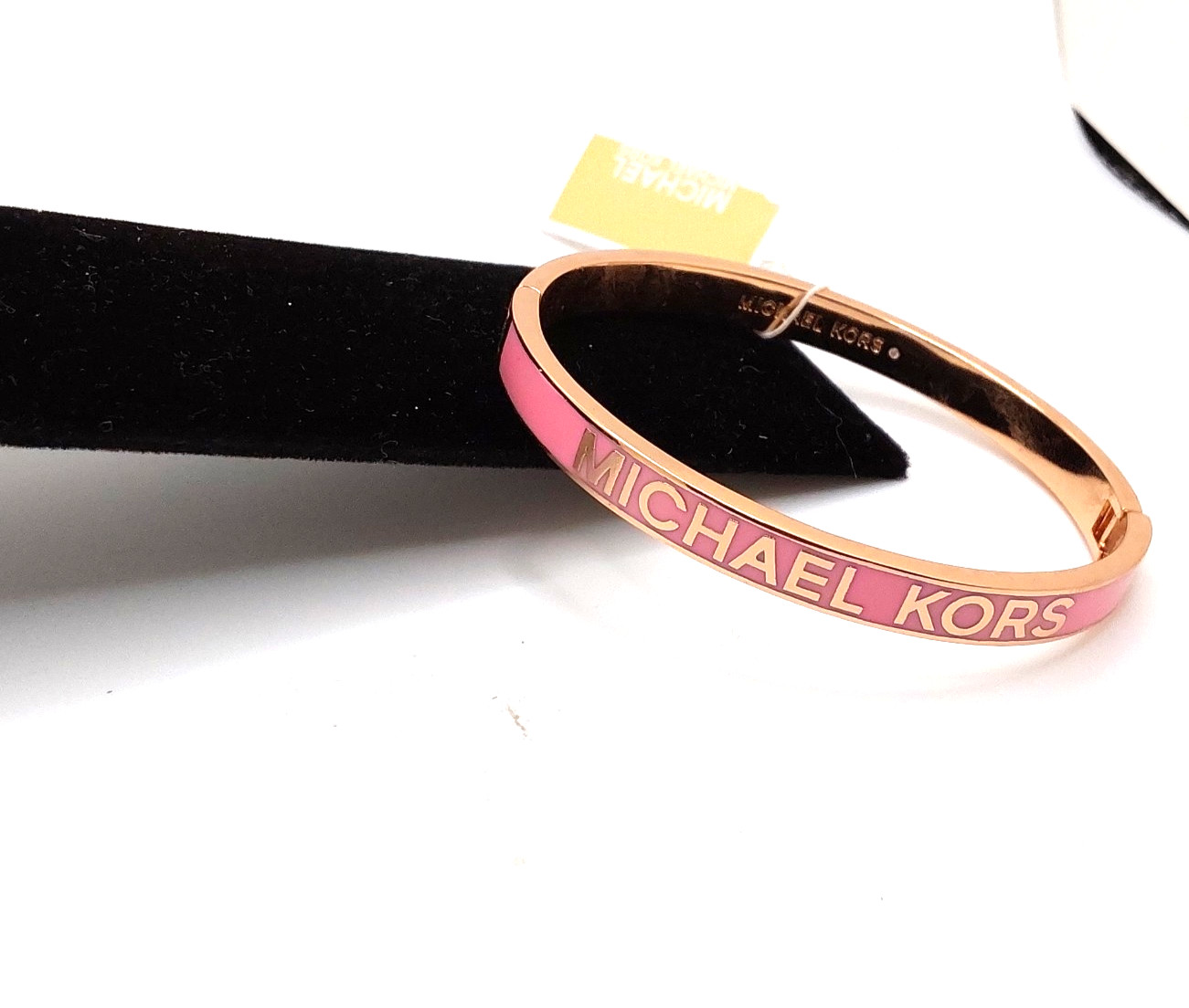 Michael Kors Rose Gold Pink Enamel Inlay Hinged Bangle Bracelet