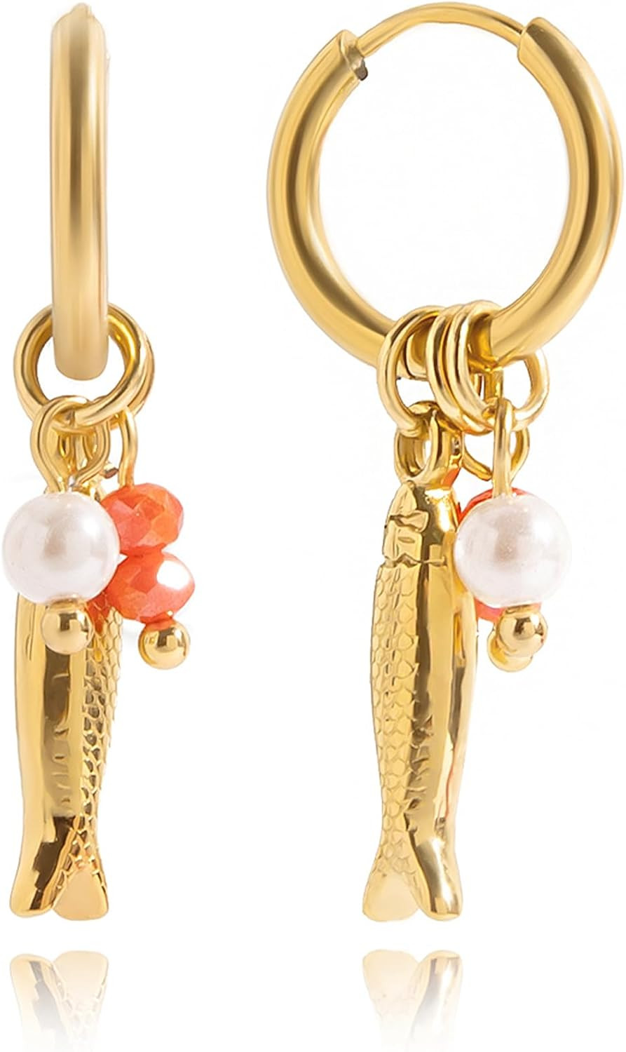 Beach Fish Starfish Conch Earrings for Women, Boho Gold Pearl Bead Ocean Earring