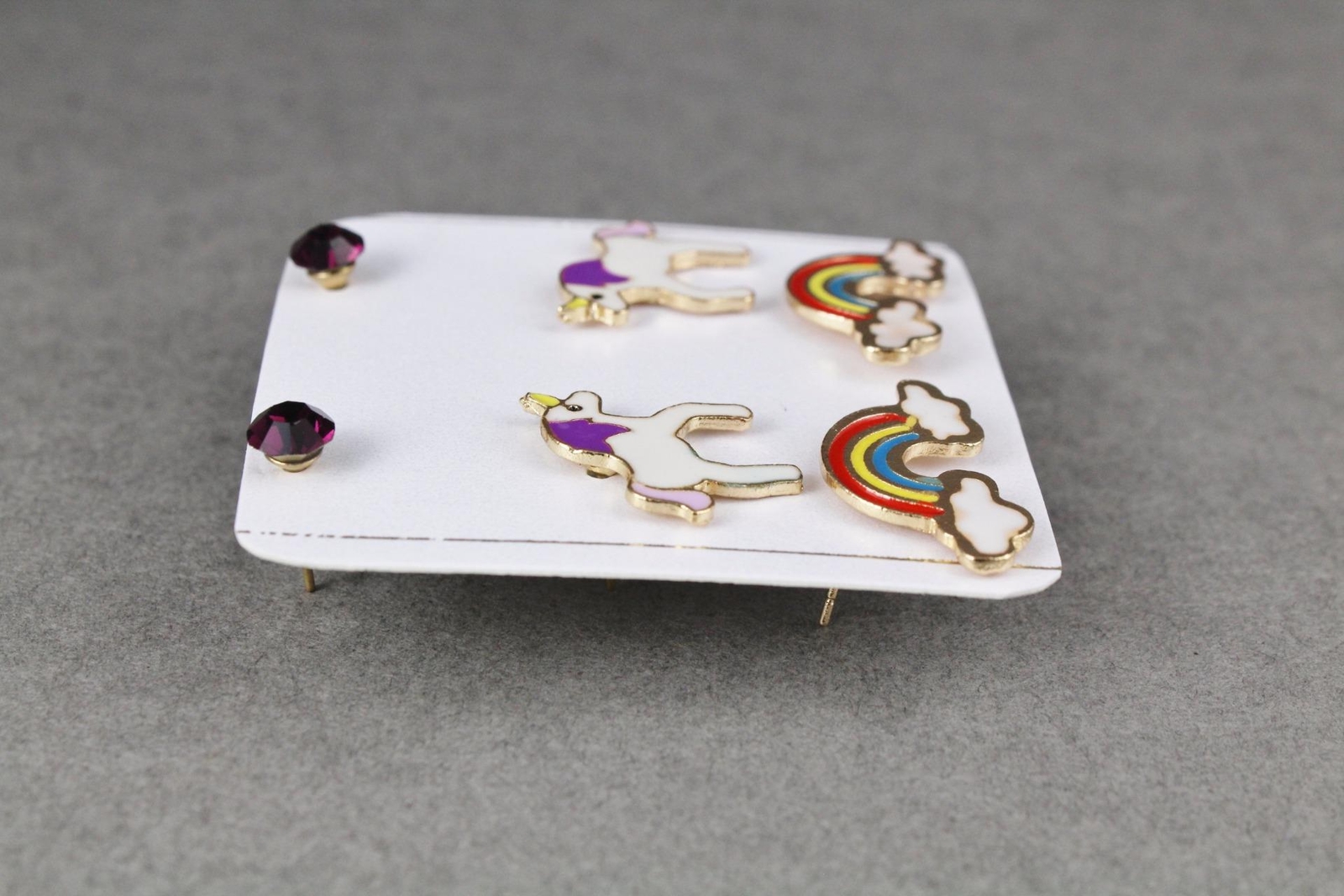 unicorn rainbow 3 pair earrings crystal bead stud post set pack purple