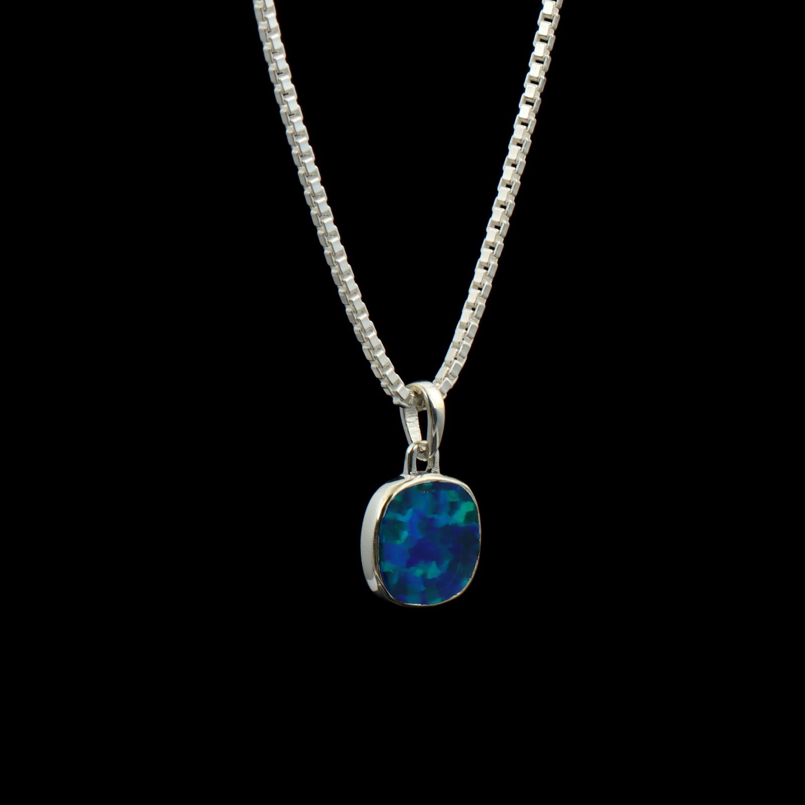 Handcrafted Round Blue Fire Opal Pendant in Polished 925 Sterling Silver Jewelry