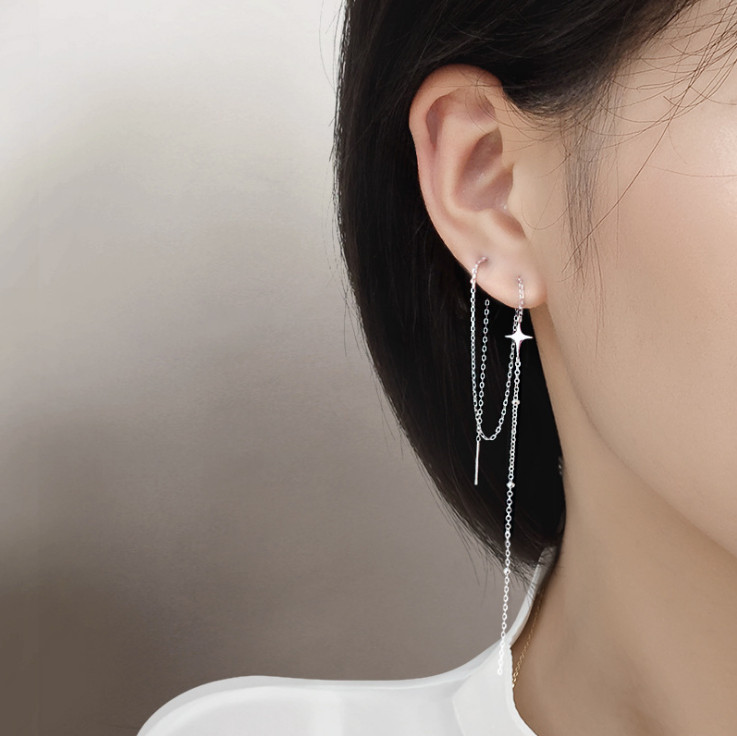 A Pair Long Chain Tassel Threader Earrings Earline Women Silver Star Jewelry I50