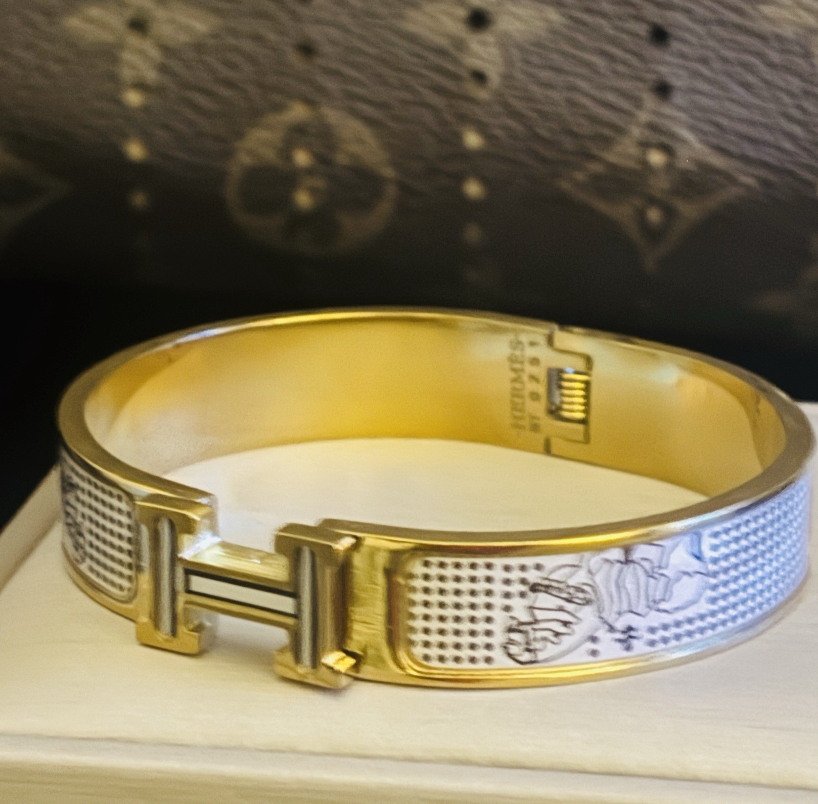 Hermès Inspired Enamel H Bracelet Gold Tone Geometric Bangle