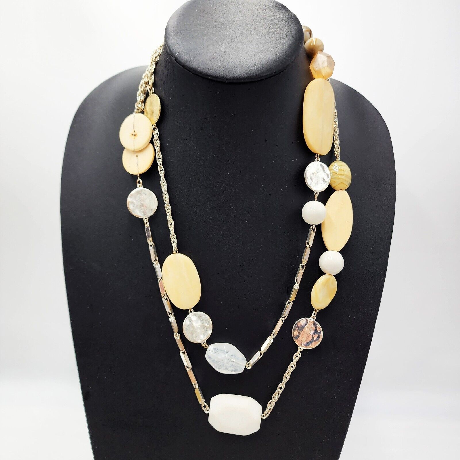Chicos Very Long 48″ White Cream Acrylic & Stone Beaded Statement Necklace Boho