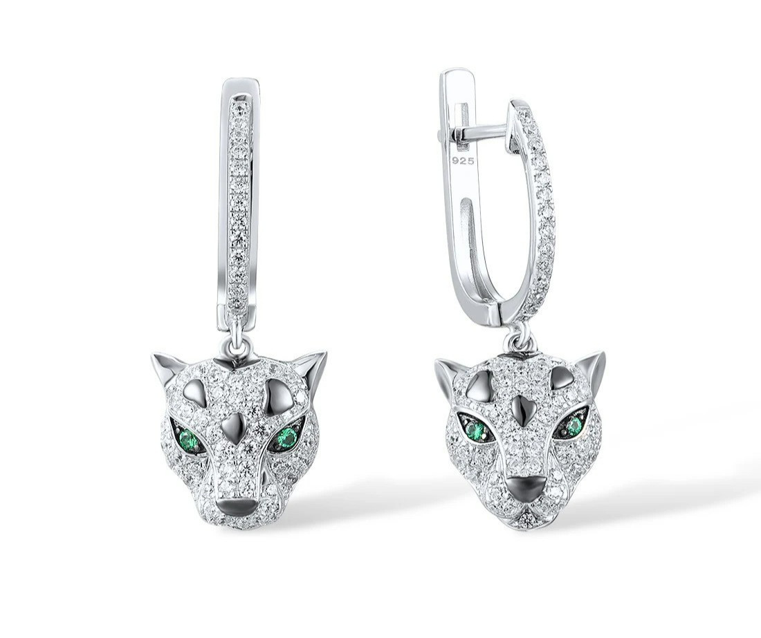 Handmade Panther Green Spinel Sparkling Dangle Drop Hoop 925 Silver Earrings