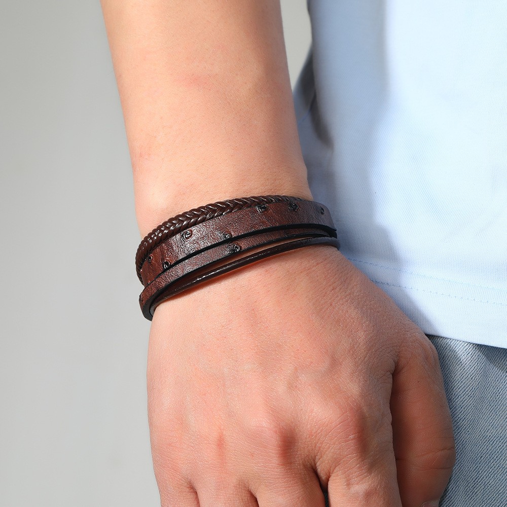 Men’s Black Leather Braided Bracelet Magnetic Clasp Charm Cuff Punk Rock