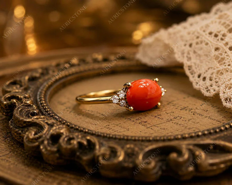 Lab Created Red Coral Ring, Base Metal: Brass Finish: Gold Plated, Gift